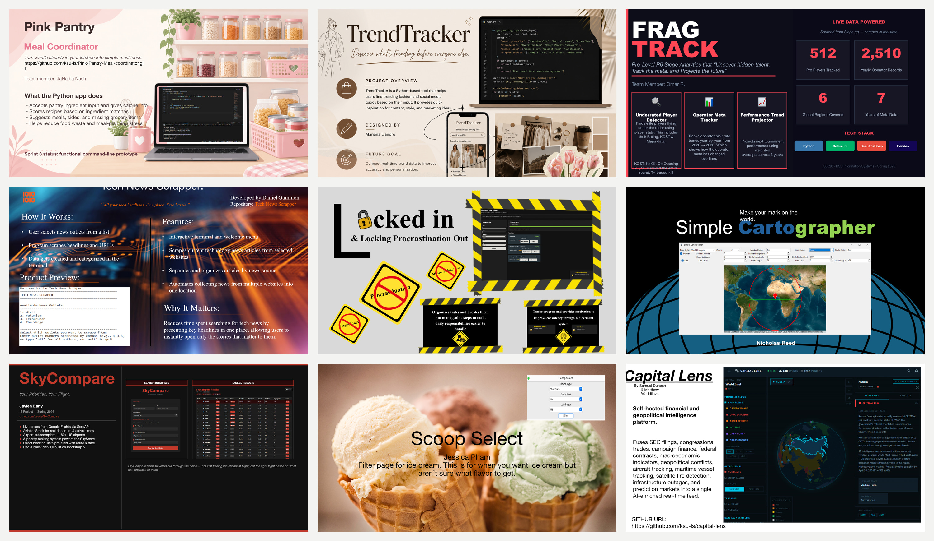 Student projects screenshots from Spring 2026